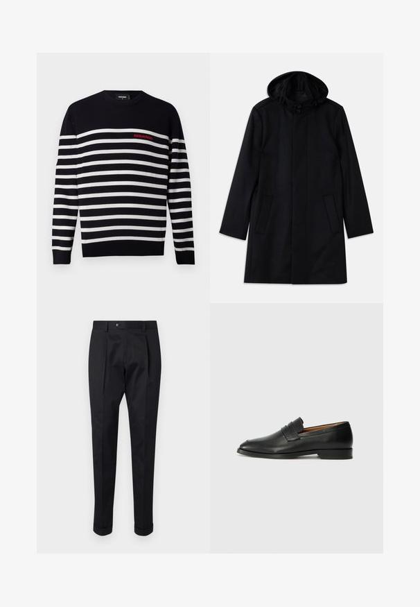 Schwarzer Mantel aus strukturiertem Stoff, ausgestattet mit einer Kapuze, Knopfverschluss, zwei Fronttaschen und einem geraden Schnitt.; Marineblau-weiß gestreifter Pullover mit Rundhalsausschnitt, der ein rotes "DSQUARED2"-Logo auf der linken Brust trägt. Weicher Strickstoff.; Schwarze Hosen aus einem glatten Stoff, mit einem Faltenwurf vorne, einem Knopfverschluss und umgeschlagenen Säumen am Knöchel.; Schwarze Leder-Slipper mit runder Zehenform, dezenten gestickten Details und niedrigem Absatz, ausgestattet mit glatter Textur und minimalistischem Design.