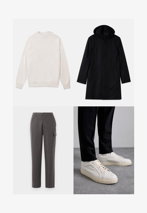 Svart kappa av strukturerad tyg, med huva, knappstängning, två framfickor och rak skärning.; Ljusbeige tröja i mjukt tyg, med ribbad rund hals, ärmmuddar och nederkant, i avslappnad passform och minimalistisk design.; Grå byxor med avslappnad passform, tillverkade av ett slätt tyg. Har knappstängning, sidofickor och en cargoficka på benet.; Ljust beige läder sneakers med platta snören, en strukturerad yta och en kontrasterande gummisula i krämfärg, parat med svarta avsmalnande byxor.