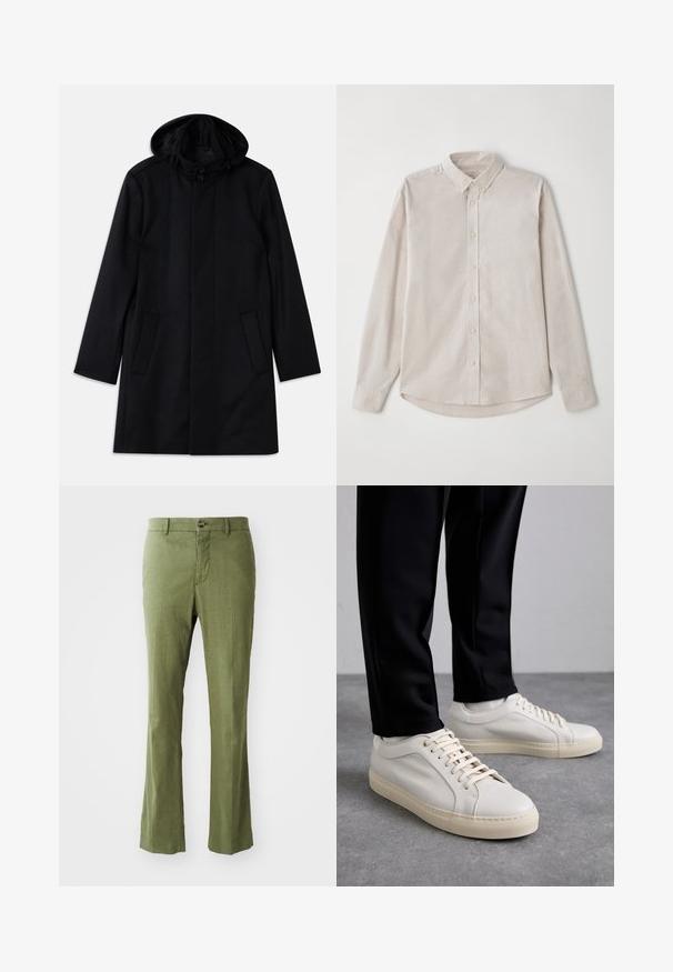 Čierny kabát z textúrovanej tkaniny, s kapucňou, gombíkovým zapínaním, s dvoma prednými vreckami a rovnými líniami.; Svetlo béžová košeľa s dlhým rukávom vyrobená z mäkkého materiálu. S gombíkovým golierom a centrálnym gombíkovým zapínaním s prehnutým lemom.; Olivovozelené ľanové nohavice so strihom rovného nohu, so zapínaním na prednom gombíku a jemnou textúrou. Bez vzorov alebo akcentov.; Svetlo béžové kožené tenisky s plochými šnúrkami, textúrovaným povrchom a kontrastnou krémovou gumovou podrážkou, skombinované s čiernymi zúženými nohavicami.