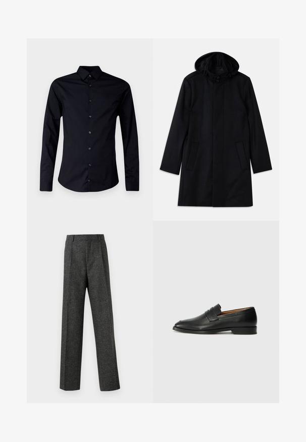 Čierny kabát z textúrovanej tkaniny, s kapucňou, gombíkovým zapínaním, s dvoma prednými vreckami a rovnými líniami.; Čierna košeľa s dlhým rukávom vyrobená z hladkej látky, s ostrým golierom, predným zapínaním na gombíky a priliehavým strihom s zakriveným lemom.; Sivé úzke nohavice z textúrovanej látky, s dvoma prednými skladmi a rovnými nohavicami. Bez viditeľných vreciek alebo ozdôb.; Čierne kožené mokasíny s okrúhlou špičkou, jemným prešitím a nízkym podpätkom, s hladkou textúrou a minimalistickým dizajnom.