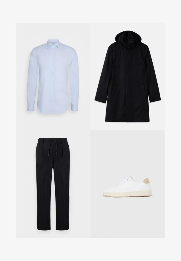 Juodas paltas, pagamintas iš tekstūruotos medžiagos, su gobtuvu, sagčių uždarymu, dviem priekinių kišenių ir tiesia siluetu.; Šviesiai mėlynas ilgomis rankovėmis marškiniai, pagaminti iš lygaus medvilnės, su klasikiniais apykaklėmis, mygtukų uždarymu ir subtiliu prekės ženklo ženklu ant krūtinės.; Juodos kelnės pagamintos iš lygaus audinio, turinčios raištelį juosmens srityje, tiesių kojų ir priekinėmis klostėmis, suteikiančiomis struktūrizuotą išvaizdą.; Baltos žemos sportbačiai su tekstūruota odine viršutinė dalimi, kreminė banguota priekiu ir ruda kulno akcentu. Yra baltos raištelės ir logotipas ant kulno.