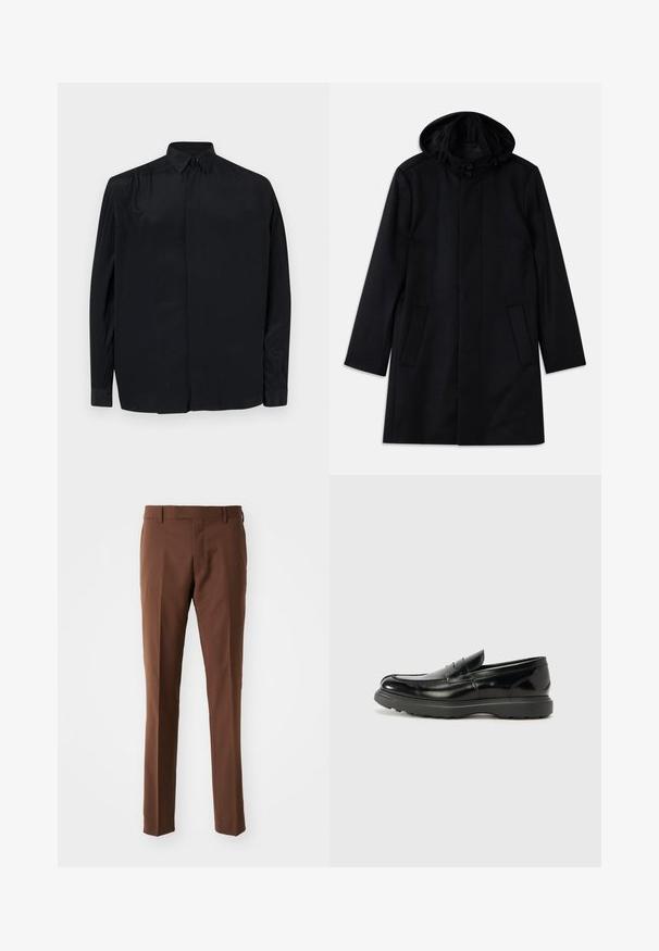 Schwarzer Mantel aus strukturiertem Stoff, ausgestattet mit einer Kapuze, Knopfverschluss, zwei Fronttaschen und einem geraden Schnitt.; Schwarz langärmliges Shirt aus glattem Stoff, mit klassischem Kragen, Knopfleiste und lässiger Passform mit eingefassten Ärmeln.; Braune, maßgeschneiderte Hose mit flachem Vorderteil, geradem Schnitt, glatter Textur und Gürtelschlaufen. Keine sichtbaren Muster oder Hardwaredetails.; Schwarze Lederloafer mit glanzendem Finish, abgerundetem Zehenbereich, subtilen Steppnähten und einer dicken Gummisohle für Langlebigkeit.