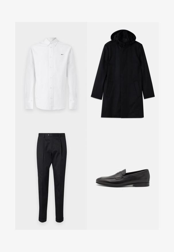 Cappotto nero realizzato in tessuto texturizzato, dotato di cappuccio, chiusura con bottoni, due tasche frontali e un design a taglio dritto.; Camicia bianca a maniche lunghe in cotone, con abbottonatura frontale, bottoni rosa chiaro e testo nero "NN. 07" sul petto sinistro.; Pantaloni neri realizzati in un tessuto liscio, con una piega sul davanti, chiusura con bottone e risvolti alla caviglia.; Mocassino da uomo in pelle nera con tacco basso e design classico a striscia, mostrato in profilo laterale su sfondo bianco.