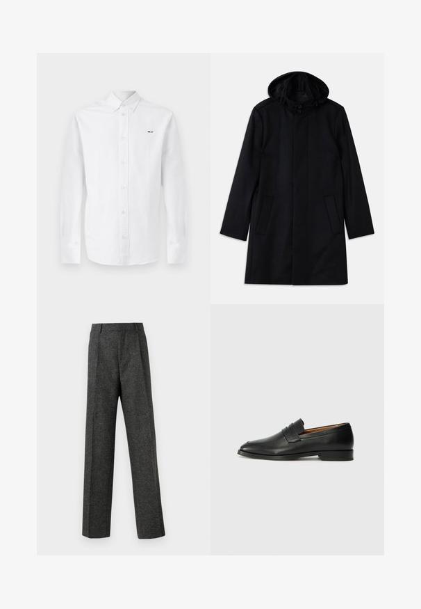 Casaco preto feito de tecido texturizado, com capuz, fecho de botão, dois bolsos frontais e um corte reto.; Camisa branca de manga longa em algodão, com fecho frontal de botões, botões rosa claro e texto preto "NN. 07" no lado esquerdo do peito.; Calças cinzentas ajustadas, feitas de um tecido texturizado, com duas pregas frontais e um design de perna reta. Sem bolsos visíveis ou enfeites.; Sapatilha de couro preta com biqueira arredondada, detalhes cosidos discretos e um salto baixo, apresentando uma textura suave e um design minimalista.