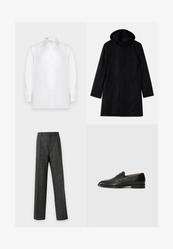 Black coat made of textured fabric, featuring a hood, button closure, two front pockets, and a straight cut design.; White long-sleeve button-up shirt made of smooth fabric, featuring a standard collar and a row of pearl-like buttons along the front.; Gray tailored trousers made of textured fabric, featuring two front pleats and a straight-leg design. No visible pockets or embellishments.; Black leather loafer with a rounded toe, subtle stitched detailing, and a low heel, featuring a smooth texture and minimalist design.
