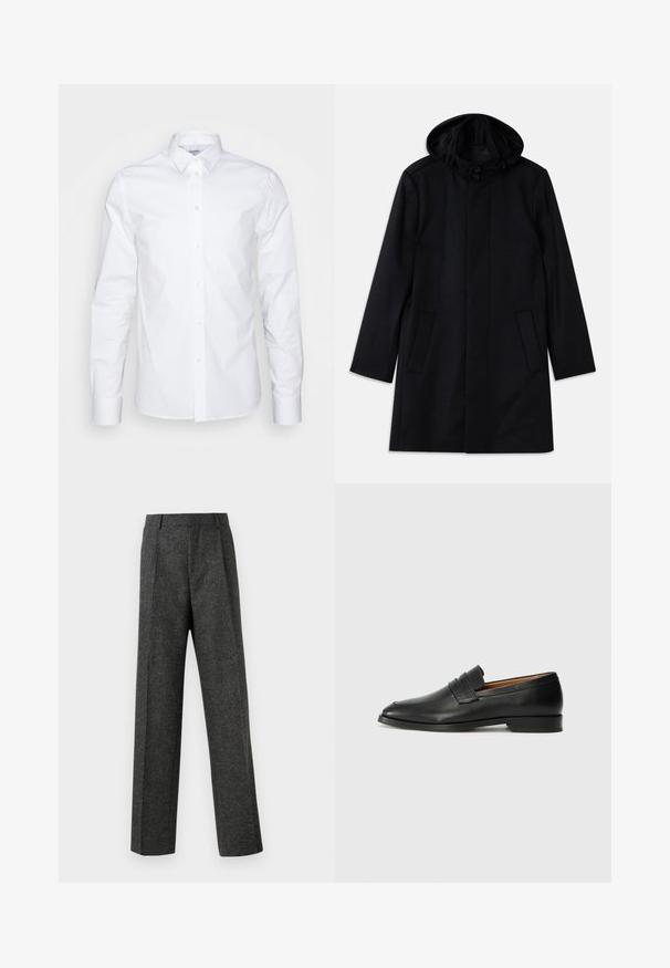 Caban negru dintr-un material texturat, cu glugă, închidere cu nasturi, două buzunare frontale și un design drept.; Cămașă albă cu mâneci lungi, guler ascuțit, închidere cu nasturi și fabricată din bumbac neted. Dispune de nasturi la manșete și un croi adaptat.; Pantaloni gri ajustați din țesătură texturată, prezentând două pliere frontale și un design drept. Fără buzunare vizibile sau ornamente.; Lofer din piele neagră, cu vârf rotund, detalii cusute subtile și toc jos, având o textură netedă și un design minimalist.