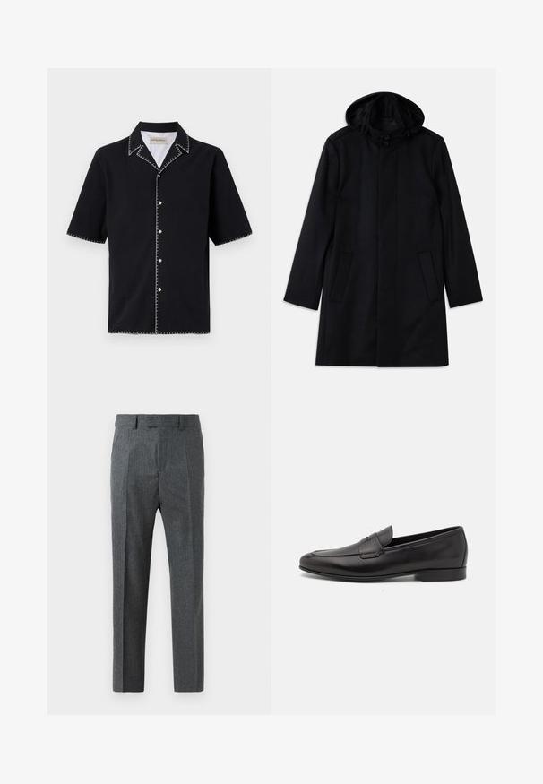 Czarny płaszcz wykonany z teksturowanej tkaniny, z kapturem, zapięciem na guziki, dwoma przednimi kieszeniami oraz prostym krojem.; Czarna koszulka z krótkim rękawem i kołnierzykiem, z białymi kontrastującymi szwami wzdłuż krawędzi oraz guzikami z przodu. Teksturowany materiał.; Szare dopasowane spodnie z delikatnym wzorem w kratę, prostą nogawką i gładką teksturą materiału. Posiadają szlufki na pasek i zamek błyskawiczny.; Czarne skórzane męskie loafersy z niskim obcasem i klasycznym paskiem penny, przedstawione w profilu bocznym na białym tle.