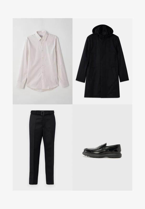 Manteau noir en tissu texturé, doté d'une capuche, d'une fermeture à bouton, de deux poches avant et d'une coupe droite.; Chemise à manches longues rose clair avec un col évasé, des rayures verticales et un ourlet arrondi. Présente des boutons beiges et une texture lisse.; Un pantalon noir ajusté en tissu lisse, à coupe droite, avec une taille ceinturée et une boucle rectangulaire. Des plis avant notables accentuent le design.; Mocassin en cuir noir avec une finition brillante, bout arrondi, détails de couture subtils et semelle en caoutchouc épaisse pour la durabilité.