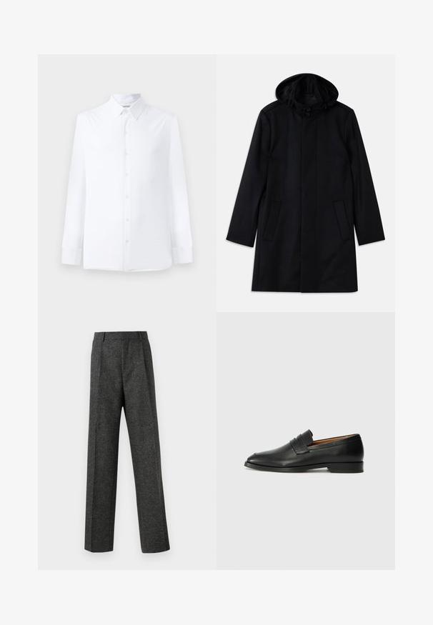 Sort frakke lavet af tekstureret stof, med hætte, knaplukning, to forlommer og lige skæring.; Hvid langærmet skjorte lavet af glat stof, med klassisk krave, frontlukning med knapper og skræddersyet pasform. Ingen synlige mønstre.; Grå skræddersyede bukser lavet af tekstureret stof, med to frontplicer og lige ben-design. Ingen synlige lommer eller udsmykninger.; Sort læder loafer med rund tå, diskret syning, og lav hæl, der har en glat tekstur og minimalistisk design.