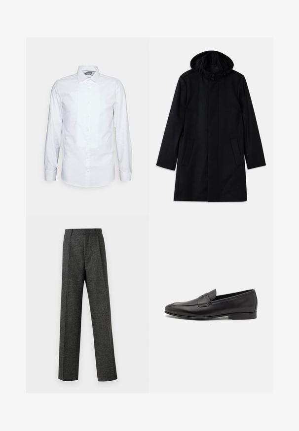 Black coat made of textured fabric, featuring a hood, button closure, two front pockets, and a straight cut design.; White long-sleeve shirt made of cotton. Features a pleated front, pointed collar, and classic button closure. Smooth texture and tailored fit.; Gray tailored trousers made of textured fabric, featuring two front pleats and a straight-leg design. No visible pockets or embellishments.; Black leather men's loafer with a low heel and a classic penny strap design, shown in side profile on a white background.