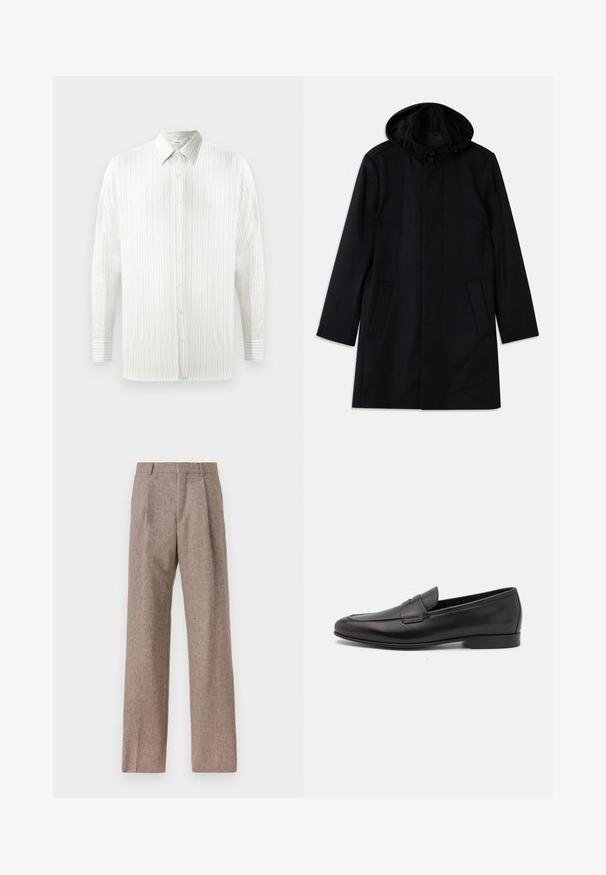 Crna jakna od teksturirane tkanine, s kapuljačom, kopčanjem na dugme, dvjema prednjim džepovima i ravnim krojem.; Bijela košulja dugih rukava s tankim okomitim prugama, dizajn s gumbima, šiljati ovratnik i detalji na manžetama. Izrađena od lagane tkanine.; Smeđe, hlače viskog struka od teksturiranog materijala. Imaju široke nogavice i dva prednja pregiba za strukturu. Uređen završetak bez vidljivih metalnih dijelova.; Crne kožne muške mokasine s niskom petom i klasičnim dizajnom trake za novčiće, prikazane u bočnom profilu na bijeloj pozadini.