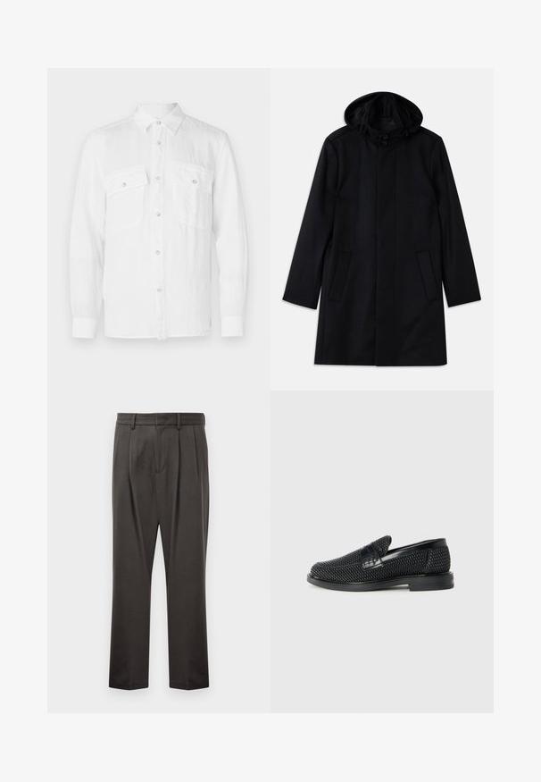 Melnā jaka, kas izgatavota no teksturēta auduma, ar kapuci, pogu aizdari, divām priekšējām kabatām un taisnu piegriezumu.; Balta pogu krekla, izgatavota no viegla auduma, ar apkakli, garām piedurknēm un divām priekšējām krūšu kabatām ar pogu aizdari.; Tumši pelēki bikses, izgatavotas no teksturēta auduma, ar taisnu priekšpusi, krokojumu, taisnām kājām un jostu cilpām. Nav redzamu metālu detaļu vai rakstu.; Melnas austas slaidu kurpes ar gludu ādas akcentu augšpusē, apaļas formas purngalu un zemas profila gumijas zoli.