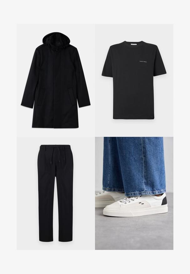 Cappotto nero realizzato in tessuto texturizzato, dotato di cappuccio, chiusura con bottoni, due tasche frontali e un design a taglio dritto.; T-shirt nera in cotone con scollatura tonda, maniche corte e un piccolo logo bianco "TIGER OF SWEDEN" sul petto. Vestibilità classica.; Pantaloni neri in tessuto liscio, con vita regolabile, gambe dritte e pieghe frontali per un aspetto strutturato.; Sneaker bianche e nere con parte superiore in pelle liscia, dettagli testurizzati e suola bianca spessa. Presentano un classico design con lacci.