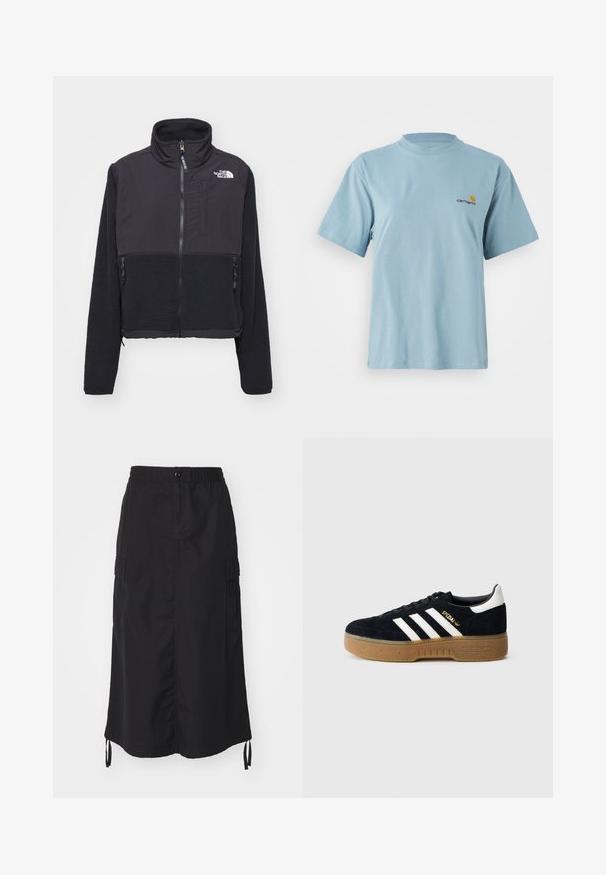 Black fleece jacket with a high collar, zip front, and dual side pockets. Features a contrasting smooth fabric on top and textured fleece below.; Light blue short-sleeve cotton t-shirt with round neck and small yellow and red Carhartt logo on left chest.; Black mid-length skirt made of lightweight fabric. Features an elastic waistband, button closure, and side pockets with drawstring accents.; Black suede sneaker with white three stripes and gold branding. Gum sole with textured grip. Classic low-top design, rounded toe.