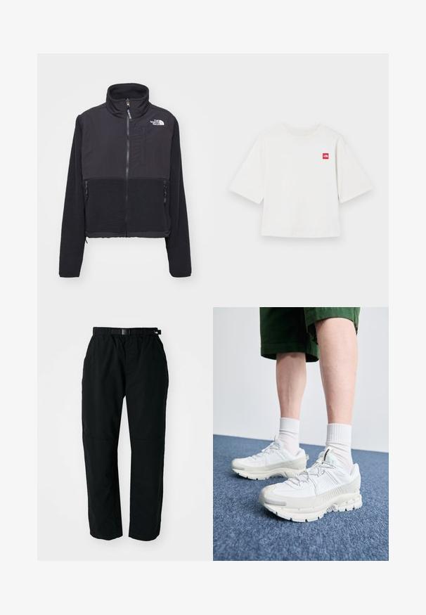 Zwarte fleece jas met een hoge kraag, ritssluiting aan de voorkant en dubbele zijzakken. Heeft een contrasterende gladde stof aan de bovenkant en een gestructureerde fleece aan de onderkant.; Witte T-shirt met korte mouwen, gemaakt van katoen. Heeft een klein rood vierkant logo op de linkerborst. Recht gesneden. Zachte textuur.; Zwarte lichtgewicht broek met een elastische tailleband en verstelbare riem. Kenmerkt zich door taps toelopende benen en versterkte knieën voor duurzaamheid.; Witte sportieve schoenen met textuuroverlays, een dikke zool en grijze accenten. Draag ze met witte crew-sokken en groene shorts op een blauwe ondergrond.