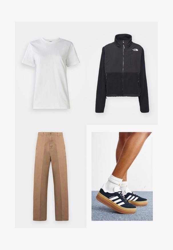 Must musta jope kõrge kaelusega, lukuga ees ja kahe küljetaskuga. Omab kontrastset siledat kangast ülal ja tekstureeritud fliisi all.; Valge puuvillane T-särk ümmarguse kaeluse ja lühikeste varrukatega. Kude on sile, pehme tekstuuriga ja ilma nähtavate mustrite või aktsendita.; Pruunid puuvillased püksid sirge säärega, millel on nööpidega sulgumine, vööaasad ning minimalistlikud õmblused elegantseks ilme saavutamiseks.; Mustad seemisnahast tossud valgete triipude ja detailidega, ümarate varbassosadega, kummist välistallaga, paaritatud valgete soonikuliste meessokkidega.