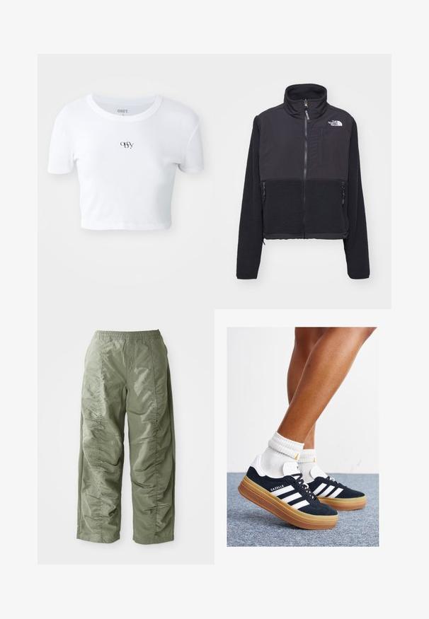 Schwarze Fleecejacke mit hohem Kragen, Reißverschluss vorne und zwei seitlichen Taschen. Sie verfügt über einen kontrastierenden glatten Stoff oben und strukturierten Fleece darunter.; Weißes kurzärmliges Crop-Top aus geripptem Material. Verfügt über ein dezentes schwarzes Logo in der Mitte der Brust, einen runden Ausschnitt und eine taillierte Passform.; Olivgrüne, leichte Hose mit elastischem Bund, die an den Seiten eine geraffte Struktur und einen weiten Beinabschluss aufweist.; Schwarze Wildledersneaker mit weißen Streifen und Akzenten, rundlicher Zehenbereich, Sohlen aus braunem Gummi, kombiniert mit weißen, gerippten Sneakersocken.