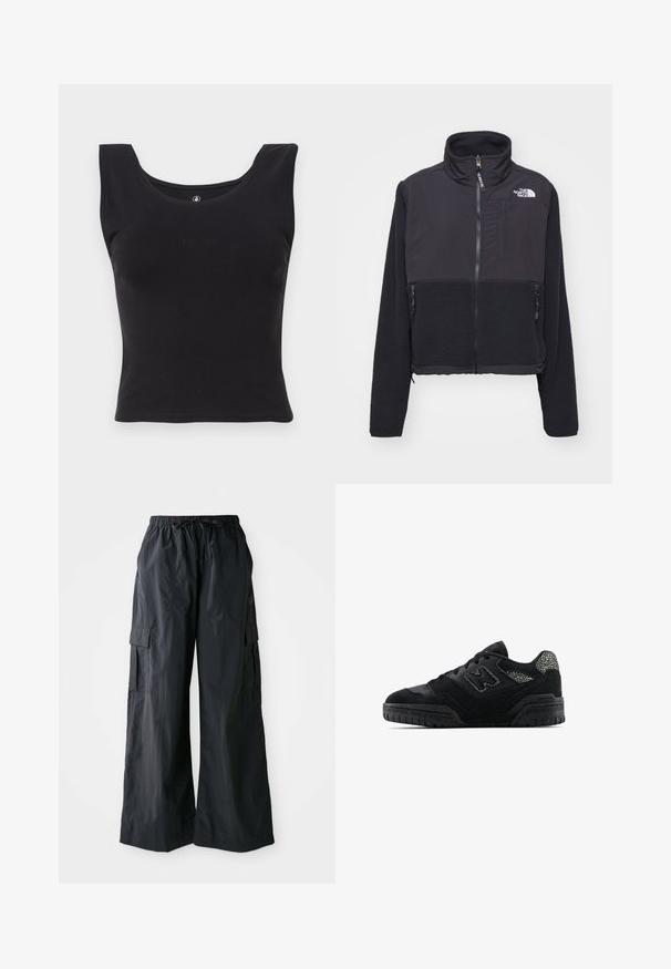 Chaqueta de forro polar negra con cuello alto, cierre de cremallera frontal y dos bolsillos laterales. Presenta una tela lisa en la parte superior y forro polar texturizado en la parte inferior.; Camiseta sin mangas negra hecha de algodón, con un escote redondeado y un diseño ajustado. Sutil logotipo en relieve de "Volcom" en la parte delantera.; Pantalones cargo negros hechos de una tela ligera, con un diseño de pierna ancha, cinturilla elástica y múltiples bolsillos laterales. Sencillos y funcionales.; Zapatilla negra de perfil bajo con suela texturizada, diseño de cordones, paneles de gamuza y acentos con patrón en el talón y el logo lateral.
