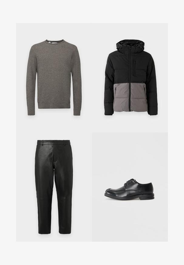 Pufferjack in zwart en grijs, met een rits aan de voorkant, een capuchon, twee zijzakken en één borstzak, met een gestikte textuur.; Selected Homme SLHROSS STRUCTURE CREW NECK - Trui - asphalt; Zwarte leren rechte broek met riemlussen en zijzakken, weergegeven tegen een effen lichte achtergrond.; Zwarte leren veterschoenen met een ronde neus, een gladde textuur en een lage hak. Kenmerkt zich door stiksel details langs de bovenkant en zijkanten.
