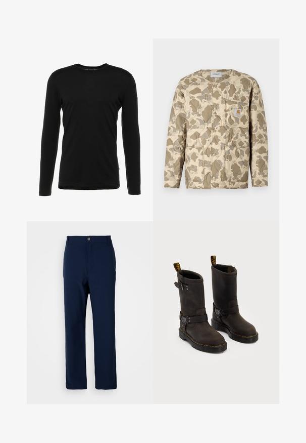 Casaco acolchoado bege com padrão de camuflagem castanho e bege, apresentando uma frente com botões de pressão, um bolso de patch e bolsos laterais.; Camisola preta de mangas longas feita de tecido macio, com decote redondo, design simples e barra reta, sem padrões ou adornos visíveis.; Calças de perna reta azul marinho com fecho de botão e zipper, passantes para cinto e sem bolsos visíveis, em fundo branco.; Botas de couro castanho-escuras com um design até ao meio da panturrilha, costura amarela, correias ajustáveis com fivela e alças na parte superior. Acabamento texturizado.