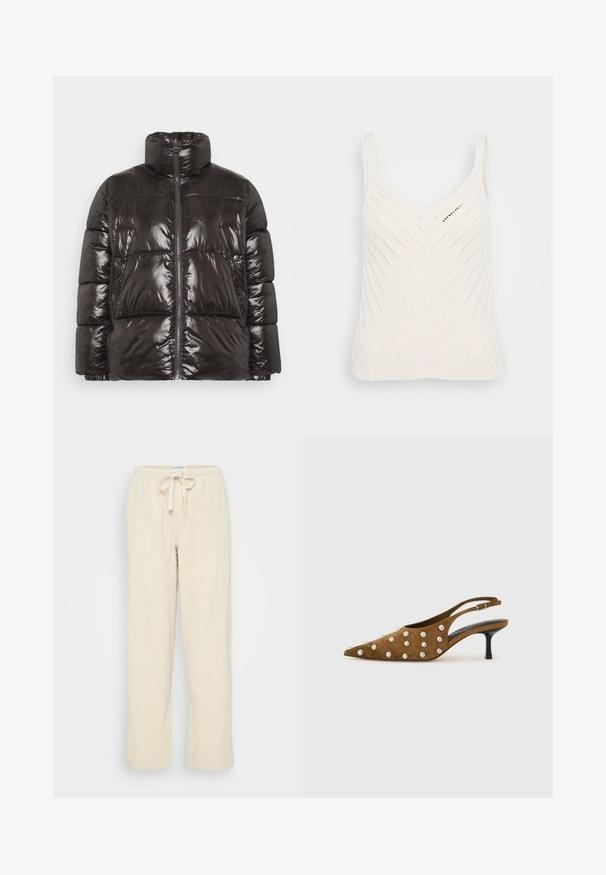 Svart puffjacka med blanka ytor, hög krage och dragkedjestängning. Har stora quiltade sektioner och knäppte sidofickor.; Vit stickad ärmless topp med V-ringning, prydad med ett chevronmönster och tunna axelremmar. Texturen är lätt och luftig.; Even&Odd Petite Tygbyxor - beige; Bruna mockasins slingback med kittenheel och spetsig tå, prydda med runda silvernitar på ovansidan och sidorna, mot en enkel vit bakgrund.