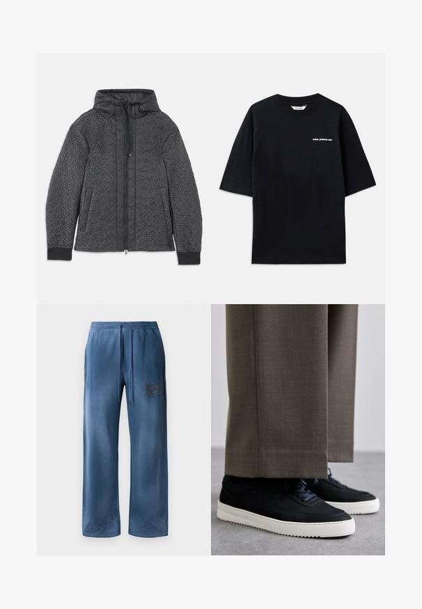 Prešita črna puffer jakna s kapuco, ki ima zadrgo, stranske žepe in teksturiran vzorec na tkanini. Mehko, lahko gradivo.; Črna bombažna majica s kratkimi rokavi, okroglim izrezom in majhnim belim logotipom "HOLZWEILER" na sprednji strani, ki se ponaša s ohlapnim krojem.; Modre žametre široke hlače z elastičnim pasom, vezalko, stranskimi žepi in vezenim logotipom na desni stegn.; Črne nubuk teniske z belimi gumijastimi podplati, ki imajo zaobljen nos in vezalke, oblečene z sivimi krojenimi hlačami.