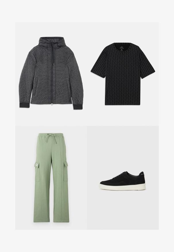 Juodasis pūkinis švarkas su kapuce, su užtrauktuku, šoninėmis kišenėmis ir tekstūriniu raštu ant medžiagos. Minkšta, lengva medžiaga.; Juodas marškinėliai su tekstūruotu pakaitinių 'A' logotipų raštu, trumpomis rankovėmis ir apvalia iškirpte. Pagaminti iš lengvos medžiagos.; Šviesiai žali cargo kelnės, pagamintos iš medvilnės mišinio; turi elastingą juosmenį, raištelį, platesnes kojas ir dvi šonines kišenes su užsegamais dangteliais.; Juodos veliūrinės sportinės bateliai su raištelių dizainu ir kontrastinga balta gumine padais. Yra tekstūruoti šoniniai skydeliai ir subtilus logotipas ant kulno.