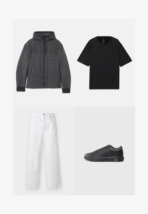 Vaatteet musta toppatakki, jossa on huppu, vetoketjusuljenta, sivutaskut ja tekstiilissä on textured pattern. Pehmeä, kevyt materiaali.; Mustat T-paita, jossa on teksturoitu kuvio, jossa vuorottelevat 'A' -logot, lyhyet hihat ja pyöreä pääntie. Valmistettu kevyestä kankaasta.; rag & bone BAGGY - Baggy-farkut - white; Musta nahkasneakeri, jossa on sileä pinta, pyöreä varvastulli ja tummanharmaat yksityiskohdat. Varustettu nauhakiinnityksellä ja kuvioidulla kumipohjalla.