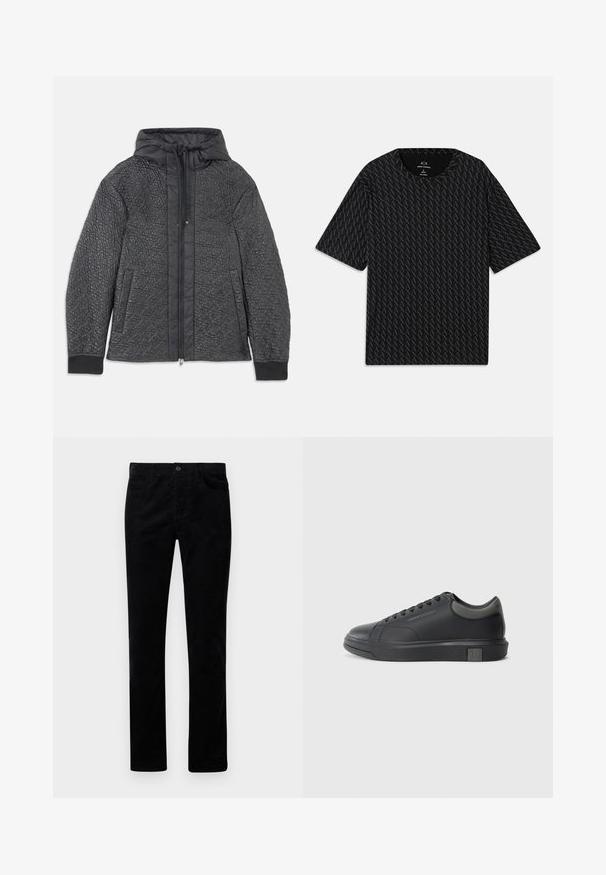 Kavēts melns pūkains mētelis ar kapuci, ar rāvējslēdzēju, sānu kabatām un teksturētu rakstu audumā. Mīksts, viegls materiāls.; Melna t-kreklu ar teksturētu pārveidojumu, kurā mijas 'A' logotipi, īsām piedurknēm un apaļu kakla izgriezumu. Izgatavots no viegla auduma.; Melnas korduroja bikses ar taisnu kāju dizainu, ar priekšējiem kabatām un metāla pogas aizdari. Mīksta tekstūra ar vertikālu ribojumu.; Melna ādas sporta apavi ar gludu apdari, noapaļotu purngali un tumši pelēkiem akcentiem. Aprīkoti ar šņorēšanas dizainu un strukturētu gumijas zoli.