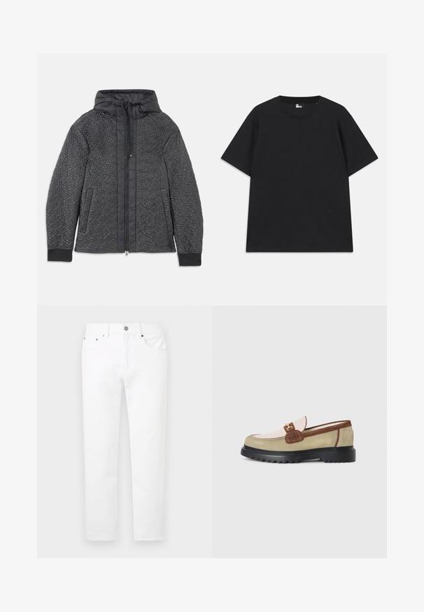 Quilted black puffer jacket with a hood, featuring zipper closure, side pockets, and textured pattern on the fabric. Soft, lightweight material.; Black short-sleeve t-shirt made of cotton, featuring a round neckline and a small logo detail near the hem. Smooth texture, regular fit.; White denim jeans with a straight-leg design, five-pocket styling, and metal hardware on the front. Smooth texture with no visible patterns.; Loafer with beige, light pink, and brown suede panels, gold metal buckle accent, and thick black rubber sole with tread pattern.