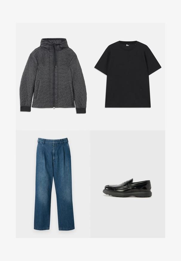 Prešita črna puffer jakna s kapuco, ki ima zadrgo, stranske žepe in teksturiran vzorec na tkanini. Mehko, lahko gradivo.; Črn kratkosleeven majica iz bombaža, z okroglim izrezom in majhnim logotipom pri robu. Gladka tekstura, običajen kroj.; Modre jeans hlače s ravnim krojem, ki vključujejo visok pas, sprednje gube in klasično zaponko na gumb. Gladka tekstura.; Črne usnjene loafer čevlje z sijajno obdelavo, okroglo špico, subtilnimi šivi in debelim gumijastim podplatom za trajnost.