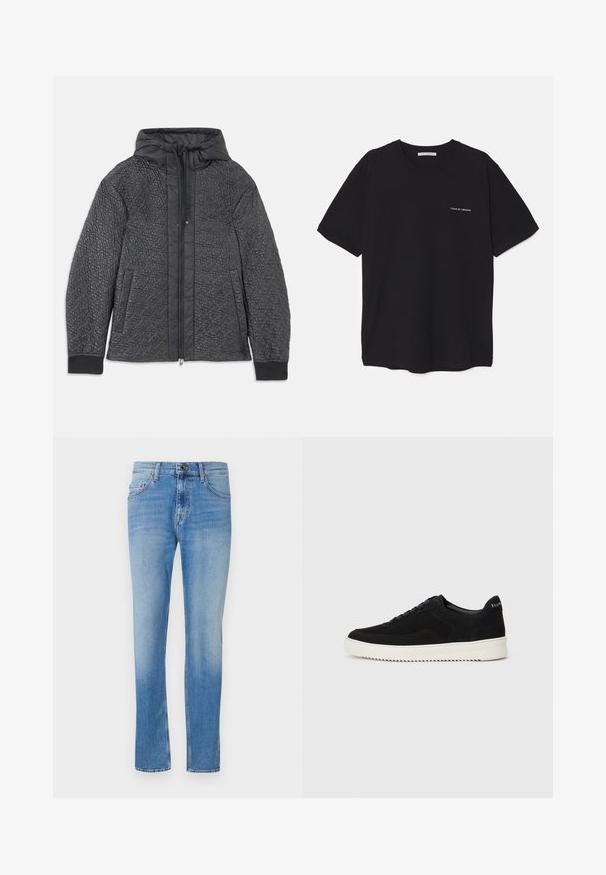 Casaco puffer preto acolchoado com capuz, apresentando fecho de correr, bolsos laterais e um padrão texturizado no tecido. Material suave e leve.; T-shirt preta de algodão com gola redonda, mangas curtas e impressão de logó tipo branca no lado esquerdo do peito. Design simples, de cor sólida.; Jeans de tom azul claro com um ligeiro desvanecimento, feitos de denim. Apresentam cinco bolsos, um fecho com botão e zip, e um design de perna reta.; Sapatilhas de camurça pretas com design de atacadores e sola de borracha branca em contraste. Apresenta painéis laterais texturizados e uma marcação discreta no calcanhar.