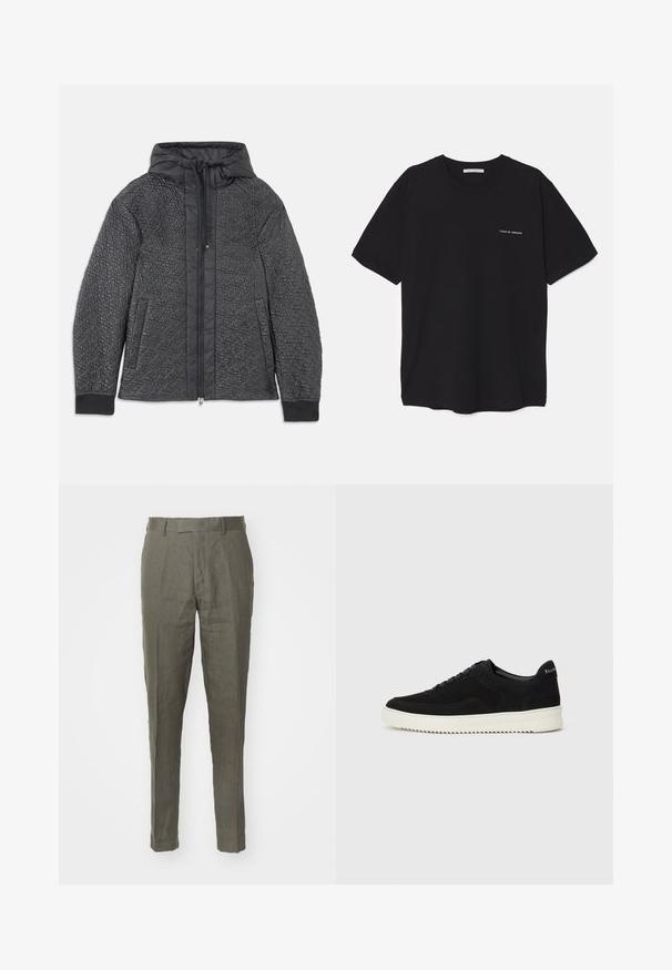 Quiltet svart boblejakke med hette, med glidelås, sidelommer, og teksturert mønster på stoffet. Mykt, lett materiale.; Svart bomull T-skjorte med rund hals, korte ermer, og hvit logo trykk på venstre bryst. Enkel, ensfarget design.; Tiger of Sweden TENUTA - Bukse - thyme; Svart semsket sneakers med snøring og kontrasterende hvit gummisåle. Har teksturerte sidepaneler og subtil merkevare på hælen.