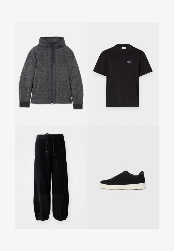Prešívaná čierna bundy s kapucňou, so zipsovým uzáverom, bočnými vreckami a textúrovaným vzorom na látke. Mäkký, ľahký materiál.; Čierne bavlnené tričko s okrúhlym výstrihom a krátkymi rukávmi. Obsahuje malú modrú nášivku na ľavej hrudi. Jednoduchý, rovný strih.; Čierne rebrované široké tepláky s elastickým pásom a šnúrkou. Obsahujú jemné logo, textúrovanú tkaninu a zhromaždené manžety.; Čierne semišové tenisky s šnurovacím dizajnom a kontrastnou bielou gumovou podrážkou. Obsahujú štruktúrované bočné panely a jemné logo na päte.