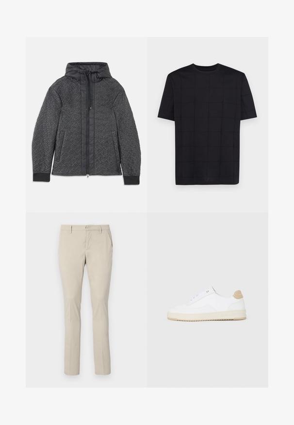 Quiltet svart boblejakke med hette, med glidelås, sidelommer, og teksturert mønster på stoffet. Mykt, lett materiale.; Armani Exchange T-shirts med print - black; Beige chinos med rett passform, med sidelommer og en glatt tekstur. Ingen synlige mønstre eller maskinvare detaljer.; Hvite lave sneakers med overdel i teksturert skinn, kremfarget såle med ribber og en brunt fargeklatt på hælen. Har hvite lisser og logodetalj på hælen.