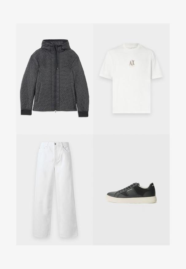 Jachetă puf cu model matlasat, de culoare neagră, cu glugă, prevăzută cu închidere prin fermoar, buzunare laterale și un model texturat pe material. Material moale și ușor.; Tricou alb din bumbac cu guler rotund. Prezintă un mic logo bej "A|X" și "ARMANI EXCHANGE" tipărit dedesubt. Mâneci scurte, croială normală.; rag & bone BAGGY - Blugi largi - white; Adidași negri din piele netedă, cu accente texturate, talpă din cauciuc alb, vârf rotund și șireturi negre. Logo-ul brandului pe lateral și pe spate.