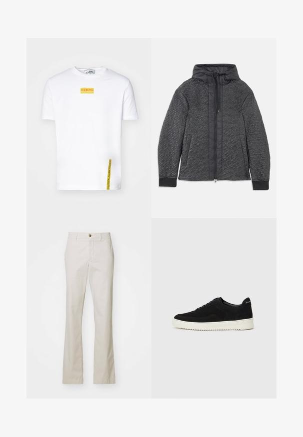 Quilted black puffer jacket with a hood, featuring zipper closure, side pockets, and textured pattern on the fabric. Soft, lightweight material.; Iceberg Print T-shirt - bianco ottico; J.LINDEBERG LOIS CLOUD PANTS - Trousers - moonbeam; Black suede sneaker with lace-up design and contrasting white rubber sole. Features textured side panels and subtle branding on the heel.