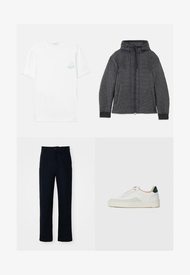 Prešita črna puffer jakna s kapuco, ki ima zadrgo, stranske žepe in teksturiran vzorec na tkanini. Mehko, lahko gradivo.; Bela bombažna majica s kratkimi rokavi, ki ima majhen večbarven grafični print na levem prsnem delu, ki prikazuje valove in besedilo "Iz plastike zunaj."; Temno modri hlače iz bombaža, s ravnim krojem, sprednjim gumbom in klasičnim pasom z zankami za pas.; Bela trenerka z zaključki iz semiša, okroglo konico, ravne vezalke in kremna gumijasta podplata. Ima zeleno blagovno znamko na peti.
