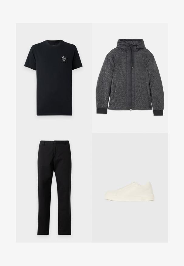 Juodasis pūkinis švarkas su kapuce, su užtrauktuku, šoninėmis kišenėmis ir tekstūriniu raštu ant medžiagos. Minkšta, lengva medžiaga.; Juodos medvilnės marškinėliai su apvalia iškirpte, trumpomis rankovėmis ir mažai grafika su kalavijais balta spalva kairėje krūtinės pusėje.; Juodos tiesios kojos kelnės su mygtuku ir užtrauktuku, diržo kilpomis ir priekinėmis kišenėmis, pateiktos ant baltos fono.; Žemi, bežiniai odiniai sportbačiai su apvalia nosimi, minimaliais siūlais ir šoniniu užtrauktuku ant baltos fono.