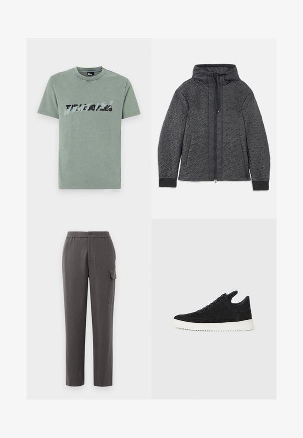 Kavēts melns pūkains mētelis ar kapuci, ar rāvējslēdzēju, sānu kabatām un teksturētu rakstu audumā. Mīksts, viegls materiāls.; Zaļš kokvilnas T-krekls ar apaļu kakla izgriezumu, īsām piedurknēm un nolietotu grafisko drukājumu melnā un gaiši zilā krāsā uz priekšpuses.; Pelēki bikses ar brīvu piegriezumu, izgatavotas no gludas auduma. Ar pogu aizdari, sānu kabatām un papildus kabatu uz kājas.; Melna zamša apavi ar baltu gumijas zoli, ar tonālu izšuvumu un auklu dizainu. Gluda tekstūra ar mūsdienīgu, plūstošu formu.