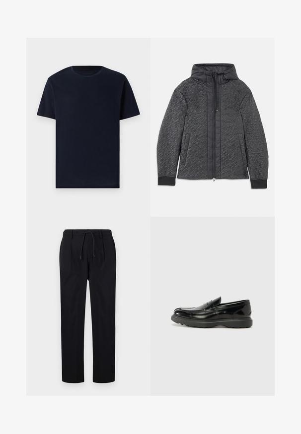 Vaatteet musta toppatakki, jossa on huppu, vetoketjusuljenta, sivutaskut ja tekstiilissä on textured pattern. Pehmeä, kevyt materiaali.; Laivansinis puuvillapaita, jossa on lyhyet hihat, pyöreä kaula-aukko ja sileä rakenne. Yksinkertainen muotoilu, ilman kuvioita tai grafiikkaa.; Farkut mustat, valmistettu sileästä kankaasta, jossa on narukiristysvyö, suorat lahkeet ja edessä pleatit rakenteellista ilmettä varten.; Mustat nahkakengät, joissa on kiiltävä pinta, pyöreä kärki, huomaamaton ompelu ja paksu kumipohja kestävyyttä varten.