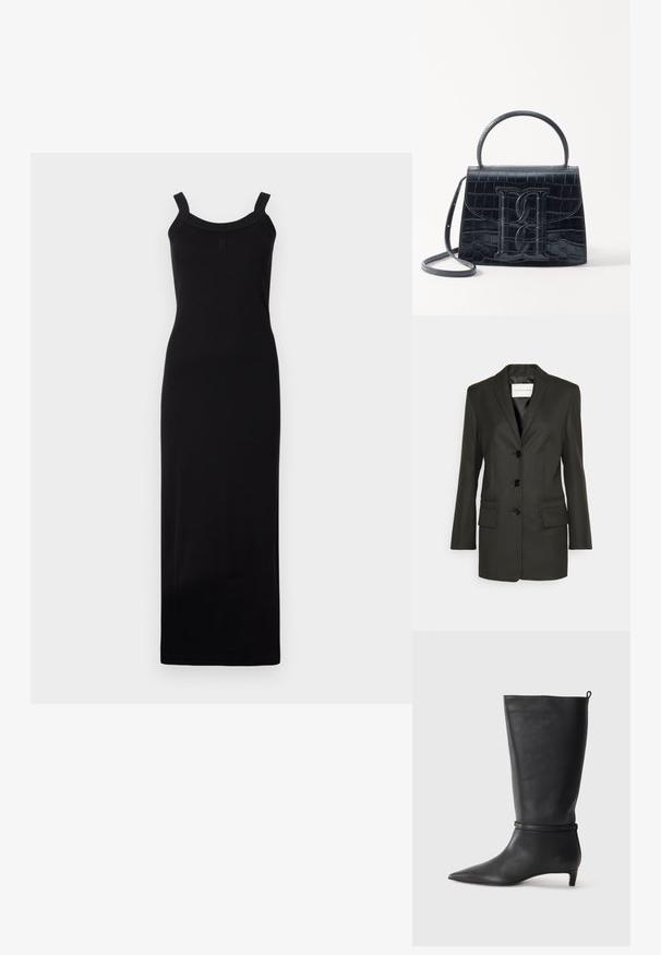 Svart skräddarsydd kavaj med en rad knappar, spetsiga slag, två framfickor och subtila sömnadsdetaljer på fickorna. Slät textur.; Svart, ärmlös maxiklänning med en figurnära silhuett, rundad halsringning och texturerade axelremmar. Tillverkad av lättviktig tyg.; Svart läderknähöga stövlar med spetsig tå, försedda med ett runt rem runt vristen och en låg, avsmalnande klack. Slät textur.; Svart läderhandväska med krokodilprägling, strukturerad design, topphandtag, justerbar rem och en framträdande logotypdetalj på framsidan.