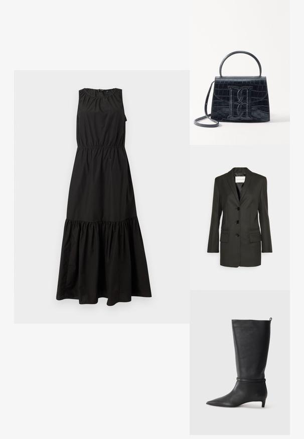 Blazer negro ajustado con una sola fila de botones, suaves solapas, dos bolsillos frontales y detalles de costura sutiles en los bolsillos. Textura suave.; Vestido negro sin mangas con cinturilla elástica, escote fruncido y dobladillo en volantes en capas, hecho de una tela ligera.; Bota de cuero negro hasta la rodilla con punta afilada, acentuada por una correa circular alrededor del tobillo y un tacón bajo y afilado. Textura suave.; Bolso de mano de cuero negro con estampado de cocodrilo, diseño estructurado, asa superior, correa ajustable y un destacado detalle del logotipo en la parte frontal.