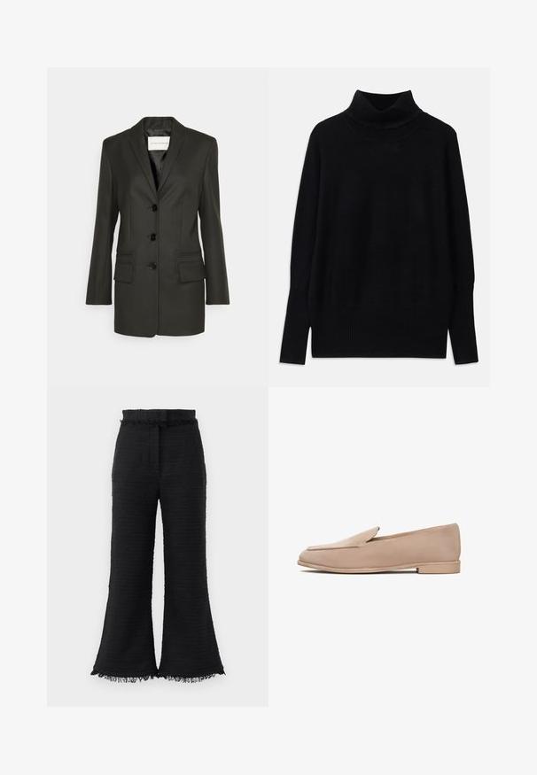 Czarna marynarka o dopasowanym kroju z pojedynczym rzędem guzików, ostrymi klapami, dwoma przednimi kieszeniami oraz subtelnymi detalami w stębnowaniu na kieszeniach. Gładka tekstura.; Czarny sweter z golfem wykonany z miękkiego materiału, z prążkowanymi akcentami przy kołnierzu i mankietach, w luźnym fasonie i z bocznymi rozcięciami.; Czarne spodnie o szerokich nogawkach, z fakturowanej tkaniny, z postrzępionym dołem i elastycznym pasem. Projekt charakteryzuje się gładkim wykończeniem i luźnym krojem.; Beżowe zamszowe mokasyny z niskim obcasem, o migdałowym kształcie palców i przeszyciami wzdłuż krawędzi. Gładka faktura i minimalistyczny design.
