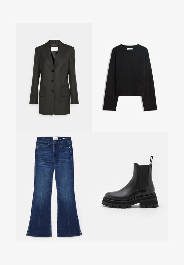 Sort skræddersyet blazer med en enkel række knapper, skarpe revers, to frontlommer og subtile syningsdetaljer på lommerne. Glat tekstur.; Sort langærmet strikket sweater med rund hals, ribbede manchetter og kant samt cropped længde.; Mørkeblå flagrende jeans lavet af denim. Har høj talje, forlommer og splitdetaljer i kanten. Klassisk fem-lomme design.; Sort læder Chelsea-støvle med elastiske sidepaneler, rund tå, kraftig gummisål og trækstrop ved hælen. Strukturerede og glatte overflader.
