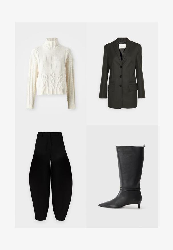 Black tailored blazer with a single row of buttons, sharp lapels, two front pockets, and subtle stitching details on pockets. Smooth texture.; Knitted cream sweater with a high ribbed collar, featuring textured patterns and cable knit detailing on the sleeves and body. Short, fitted style.; Black wide-leg trousers with a high waist, pleated front, and tapered ankles. Made from smooth fabric with a matte finish.; Black leather knee-high boot with a pointed toe, accented by a circular strap around the ankle and a low, tapered heel. Smooth texture.