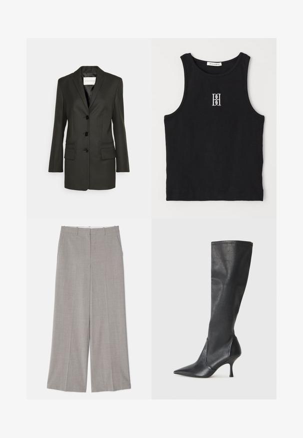 Czarna marynarka o dopasowanym kroju z pojedynczym rzędem guzików, ostrymi klapami, dwoma przednimi kieszeniami oraz subtelnymi detalami w stębnowaniu na kieszeniach. Gładka tekstura.; Czarny ribbed top na ramiączkach z okrągłym dekoltem i haftowanym logo w białym kolorze. Materiał ma gładką teksturę i dopasowany krój.; Jasnoszare spodnie w szerokim kroju, wykonane z gładkiego, teksturowanego materiału. Posiadają boczne kieszenie oraz dopasowany fason z prostym krojem.; Czarne skórzane botki do kolan z ostrym noskiem i wąskim obcasem w szpilkę. Gładka tekstura z dopasowanym krojem i przeszyciem na górnej krawędzi.