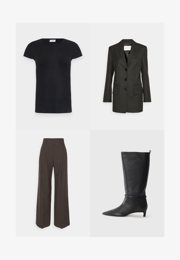 Črn tailoring blazer z enim nizom gumbov, ostrimi reverji, dvema sprednjima žepoma in subtilnimi detajli šivanja na žepih. Gladka tekstura.; Črna rebrasta majica s kratkimi rokavi in okroglo ovratnikom. Mehka tkanina s prilegnjenim krojem, ki ima etiketo na vratu.; Temno rjave široke hlače z visokim pasom, ki imajo lepo stisnjene gube, gladko teksturo in krojen fit.; Črne usnjene visokokakovostne škornje do kolen s koničastim nosom, okrašene s krožno zanko okoli gležnja in nizko, oblikovano peto. Gladka tekstura.