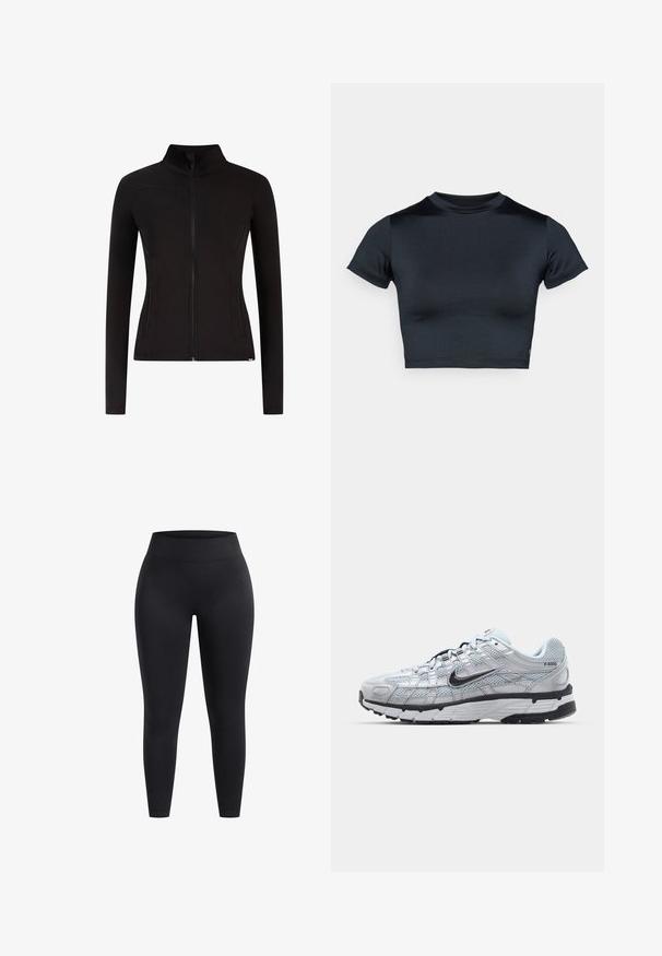 Sort lynlåsjakke lavet af elastisk materiale. Har høj krave, to sidelommer og tætsiddende lange ærmer. Glat tekstur.; Kortærmet cropped top i mørk navy, lavet af glat, stretchstof. Har rund halsudskæring og minimale syningsdetaljer. Ingen synlige logoer.; Højhojede sorte leggings lavet af strækbart stof, med en glat overflade og fodlængde pasform. Ingen mønstre eller synlige hardware detaljer.; Nike P-6000 sneakers med en lys grå mesh overdel, sorte accenter og en holdbar sort gummisål. Har et detaljeret design og snøresystem.