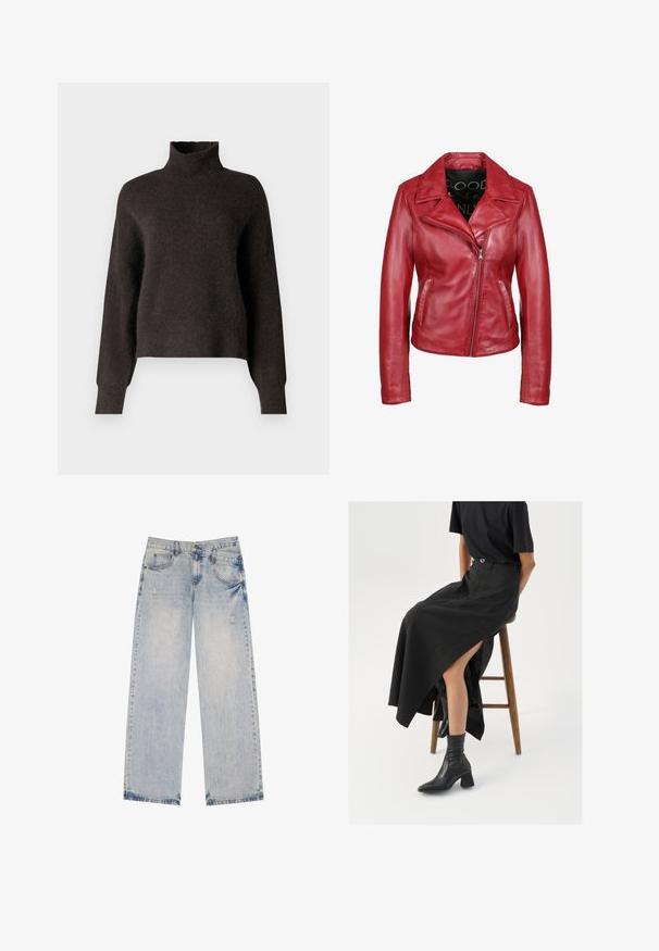 Rød læderjakke med asymmetrisk frontlynlås, bred klapkrave og to sidelommer, vist på en hvid baggrund.; Samsøe Samsøe NOLA - Striktrøje - chocolate torte; Lysblå denimjeans med lige ben-design, der har slidte detaljer, fem lommer og synlige sømdetaljer.; Sort linned maxi-nederdel med en høj slids, båret med en sort t-shirt og sorte ankelstøvler. Minimalistisk design med en afslappet pasform.